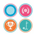 Golf ball icons. Laurel wreath award symbol.