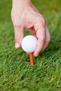 Golf ball and iron on green grass detail macro Royalty Free Stock Photo