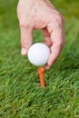 Golf ball and iron on green grass detail macro Royalty Free Stock Photo