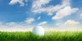 Golf ball lies in the grass before blue sky with white clouds