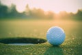 Golf ball lies near hole creating exciting opportunity for successful putt closeup. Playing golf under warm sunlight Royalty Free Stock Photo