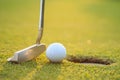 Golf ball on lip of cup in course Royalty Free Stock Photo