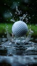 A golf ball makes a splash with water droplets frozen in time against a dark background Royalty Free Stock Photo