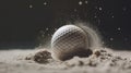 Golf ball making an impact in the sand, with particles frozen in motion
