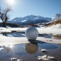 Golf ball on muddy grass field, sport theme concept