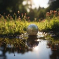 Golf ball on muddy grass field, sport theme concept