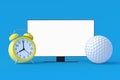 Golf ball near alarm clock and tv with white isolated screen Royalty Free Stock Photo