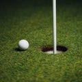 golf ball nearby hole with pin flag, green grass background Royalty Free Stock Photo