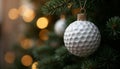 Golf ball ornaments hanging on Christmas tree with bokeh lights background Royalty Free Stock Photo