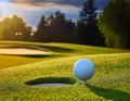 A golf ball on a perfect arc towards the hole, with the golf course windswept and vibrant Royalty Free Stock Photo