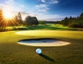 A golf ball on a perfect arc towards the hole, with the golf course windswept and vibrant Royalty Free Stock Photo