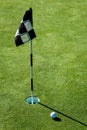 Golf ball on practice putting green next to hole and flag, sunny morning Royalty Free Stock Photo