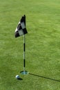 Golf ball on practice putting green next to hole and flag, sunny morning Royalty Free Stock Photo