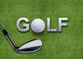 Golf ball and putter on green grass