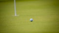 Golf ball putting on green grass near hole golf to win in game at golf course with blur background and sunlight ray Royalty Free Stock Photo