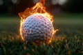 Golf ball in red fire on green field dew on grass. Unscored goal. One step away from victory.