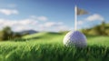 The golf ball resting on lush grass with a flag in the background AI generated image Royalty Free Stock Photo