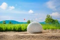 Golf ball on sand bunker in golf courses Royalty Free Stock Photo