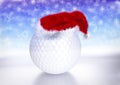 Golf ball with santa red hat on bokeh background. 3D illustration