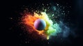 A golf ball is seen in an explosion of neon-colored powder against a dark background Royalty Free Stock Photo