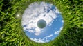 Golf ball seen from the hole perspective on a sunny day with blue sky Royalty Free Stock Photo