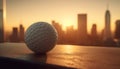 Golf ball shines in the sunset, cityscape in the background generated by AI Royalty Free Stock Photo