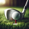 Golf ball sits on tee at the start of long drive, on golf course Royalty Free Stock Photo