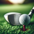 Golf ball sits on tee at the start of long drive, on golf course