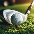 Golf ball sits on tee at the start of long drive, on golf course