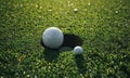 A golf ball is sitting in the bottom of a hole on a golf course. Royalty Free Stock Photo