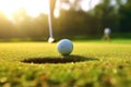 A golf ball sitting next to a hole on a perfect golf green. Generative AI Royalty Free Stock Photo