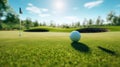 a golf ball sitting on the smooth, short-cropped grass of a putting green. The ball's texture and the precision of Royalty Free Stock Photo