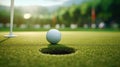 a golf ball sitting on the smooth, short-cropped grass of a putting green. The ball's texture and the precision of Royalty Free Stock Photo