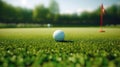 a golf ball sitting on the smooth, short-cropped grass of a putting green. The ball's texture and the precision of Royalty Free Stock Photo