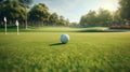 a golf ball sitting on the smooth, short-cropped grass of a putting green. The ball's texture and the precision of Royalty Free Stock Photo