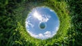 A golf ball soars sky-high, framed by a grassy edge against a sunlit blue sky with fluffy clouds Royalty Free Stock Photo