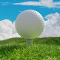 Golf ball on sport course, close up view. Green grass and blue sky. 3d Royalty Free Stock Photo