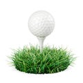 Golf ball on stand in piece grass. 3d render on white background Royalty Free Stock Photo