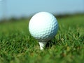 Golf ball in tall green grass set against blue sky Royalty Free Stock Photo