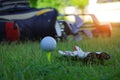 Golf ball on tee in a beautiful golf course Royalty Free Stock Photo