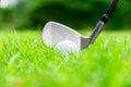 Golf ball on tee in beautiful grass in golf course for shot to hole in one in competition with iron 7 Royalty Free Stock Photo