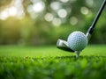 Golf ball on tee with golf club on golf course Royalty Free Stock Photo