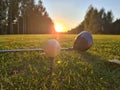 Golf ball on tee with a driver on golf course on in background of sun Royalty Free Stock Photo