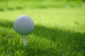 Golf ball on tee in the evening golf course with sunshine background Royalty Free Stock Photo