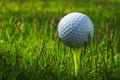 Golf ball on tee in the evening golf course with sunshine background Royalty Free Stock Photo