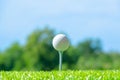 Golf ball on tee on golf course on blue sky Royalty Free Stock Photo