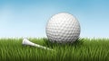 Golf ball and tee on green grass against blue sky Royalty Free Stock Photo
