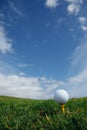 golf ball on tee, green grass and blue sky Royalty Free Stock Photo