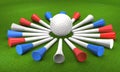 Golf ball on the tee pegs on the grass. Royalty Free Stock Photo