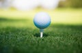Golf ball on tee ready to be shot. Royalty Free Stock Photo